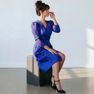 80s Mutton Sleeve Silk Print Faux Wrap Dress